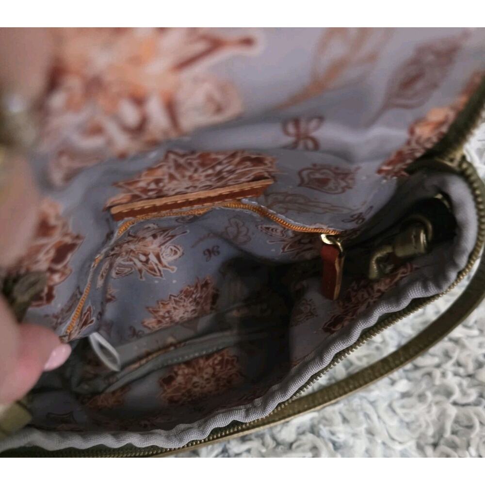 Hobo Fern Metallic Bronze Green Crossbody Bag Purse Leather Floral Lined Small - Picture 7 of 16